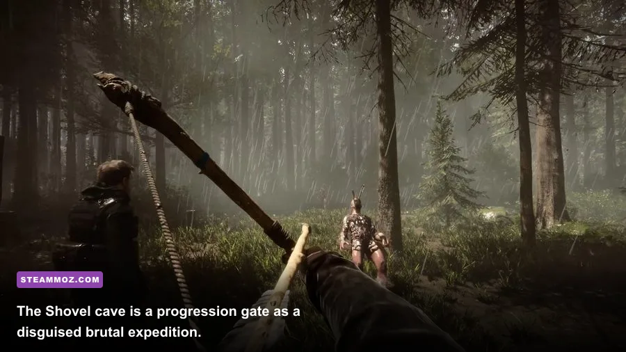 Sons of the Forest shovel cave with underground passage and equipment