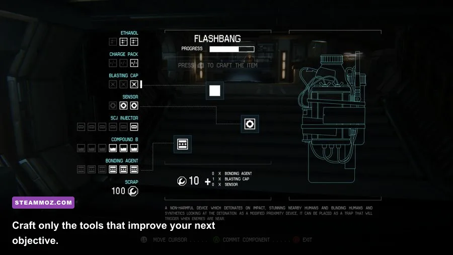 Alien Isolation crafting menu showing medikit noisemaker and EMP mine recipes