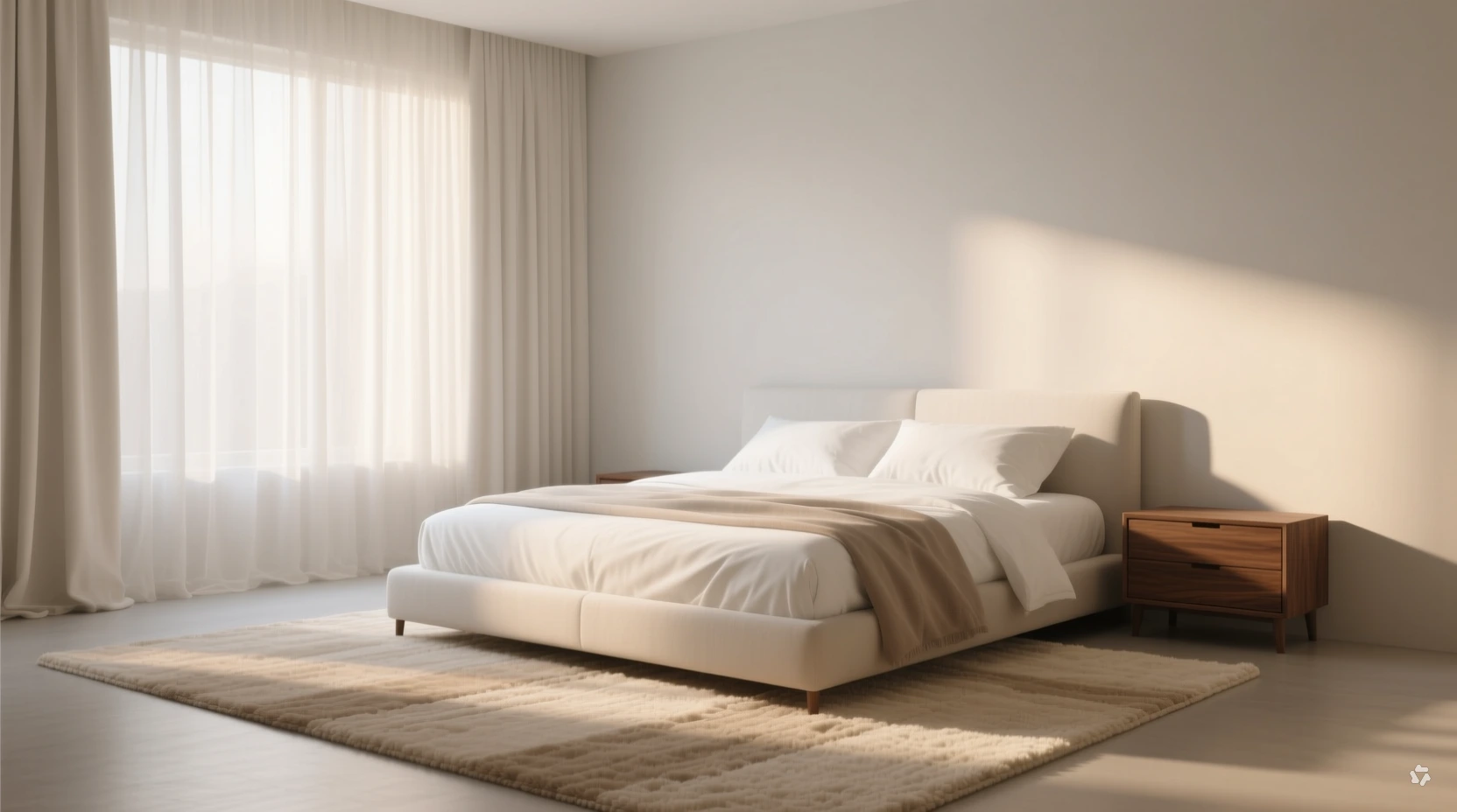 bedroom rug placement under two-thirds of queen bed with nightstands off rug