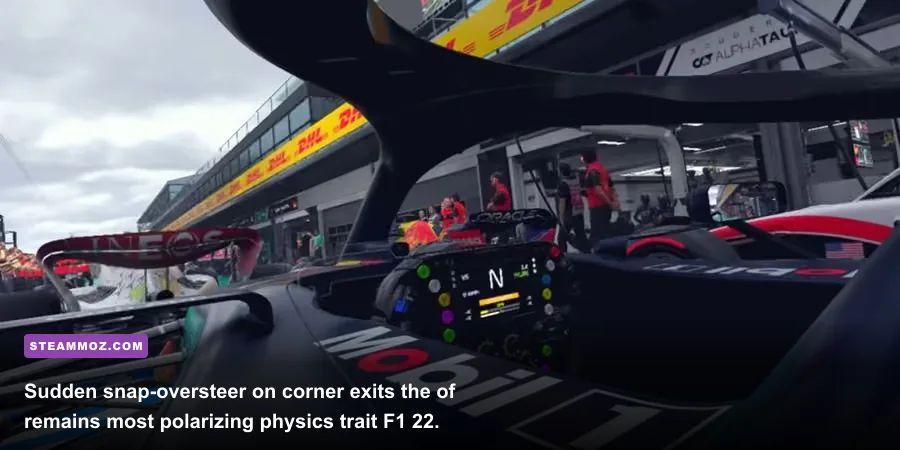 Cockpit perspective inside the Red Bull RB18 fighting for traction in F1 22