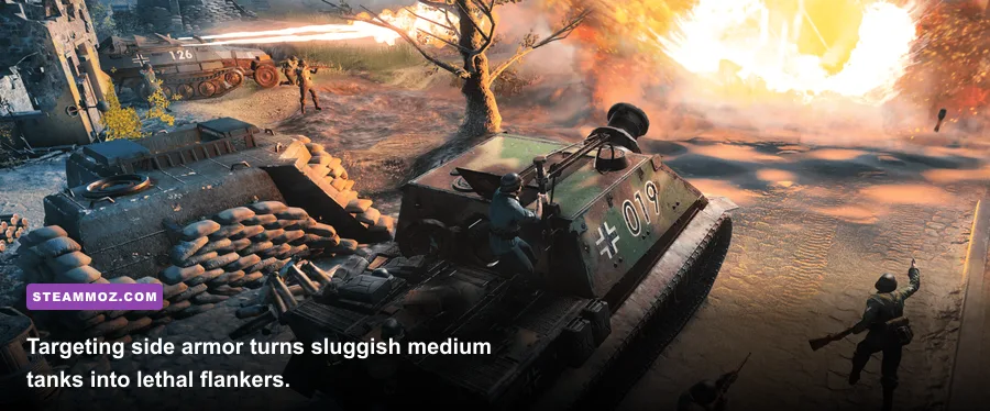 Allied Sherman tank striking the exposed side armor of a German Panzer in Company of Heroes 3
