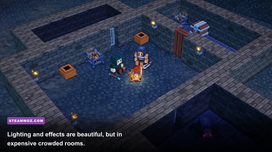 Dungeon Tycoon interior illuminated by torches with lighting and visual effects enabled