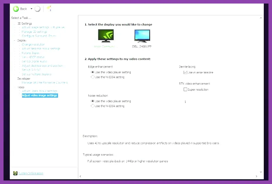 Nvidia control panel 3D settings menu