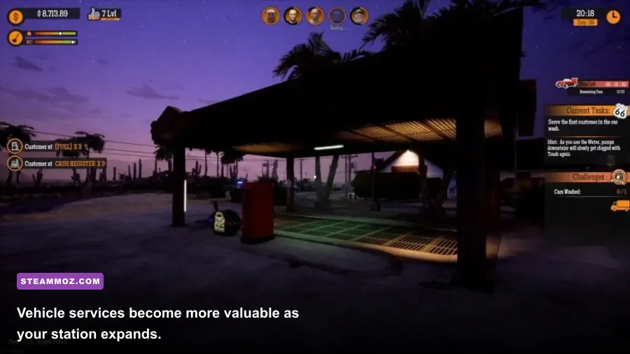 Gas Station Simulator car wash area with a vehicle receiving service