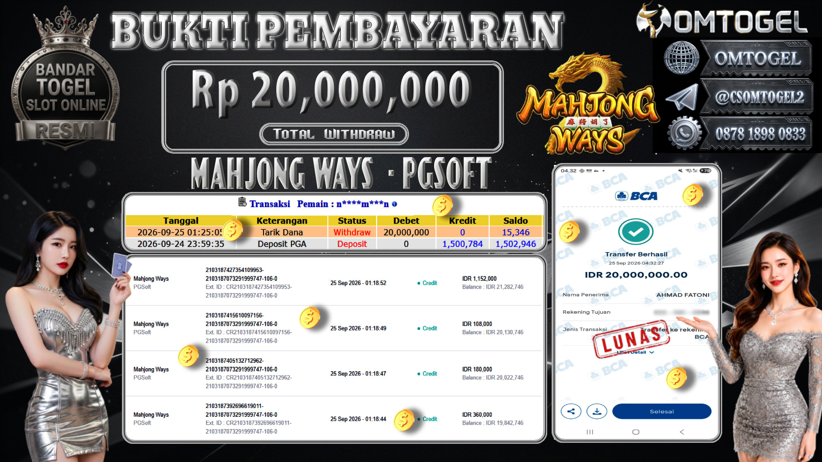 OMTOGEL JACKPOT PGSOFT MAHJONG WAYS Rp.20,000,000,- DIBAYAR LUNAS