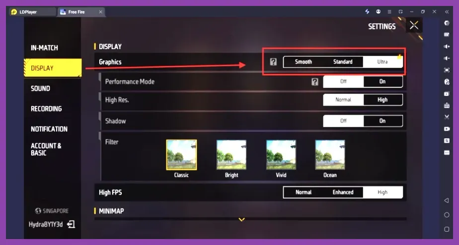 Garena Free Fire graphics configuration menu showing ultra, standard, and smooth presets