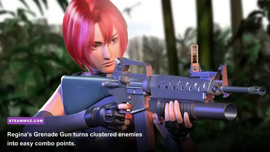 Dino Crisis 2 Regina using the Grenade Gun against a dinosaur group