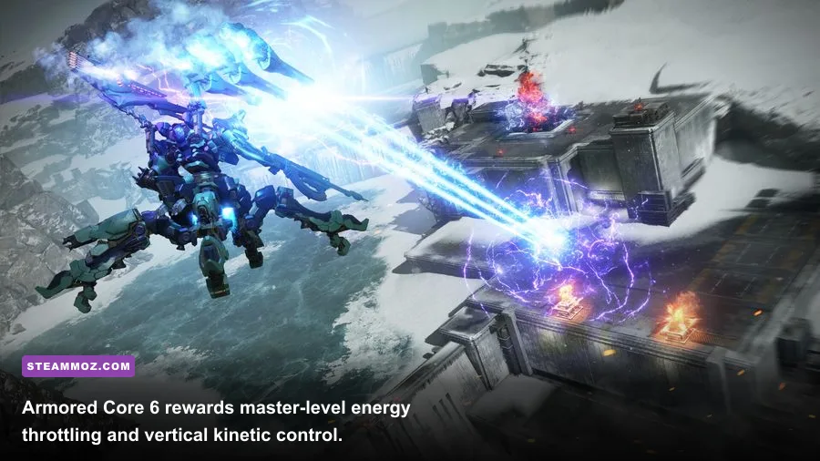 A customized mech assault boosting through a missile barrage in Armored Core 6