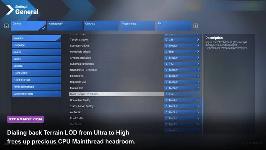 Graphics configuration screen displaying Terrain LOD and volumetric lighting options