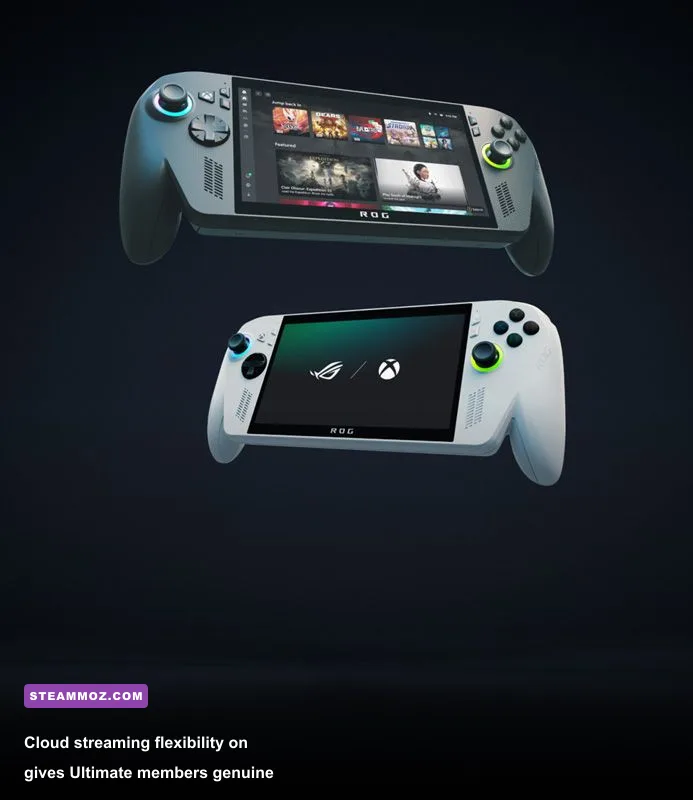Gamer using cloud gaming on a portable handheld console with controller