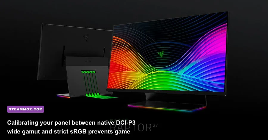 Mini-LED gaming display showing color calibration test patterns