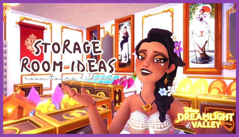 Organized house interior filled with color-coded storage chests in Disney Dreamlight Valley