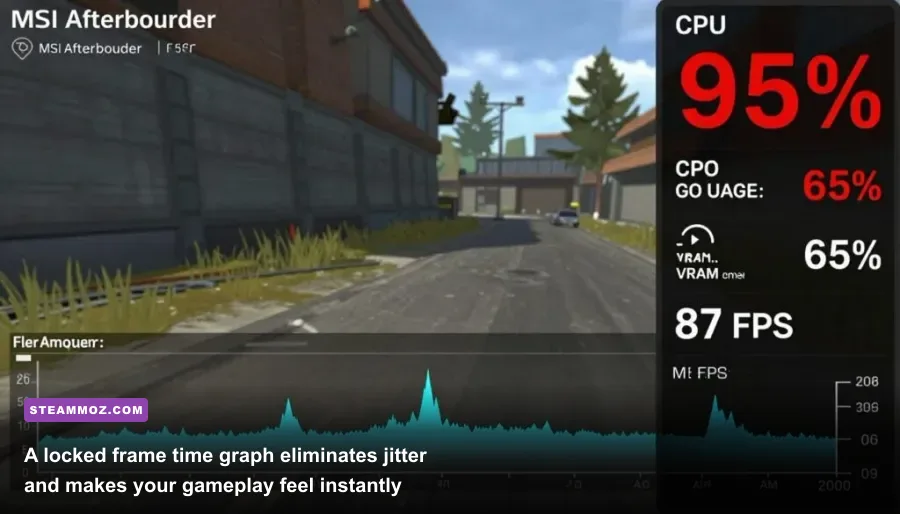 RivaTuner Statistics Server on-screen display showing perfectly flat frame time line