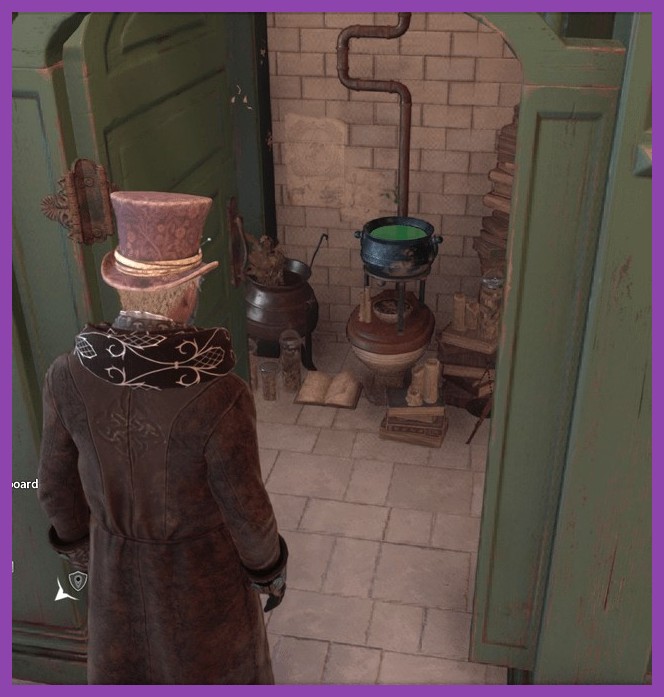 A hidden cauldron setup inside a bathroom stall referencing Hermione's Polyjuice potion