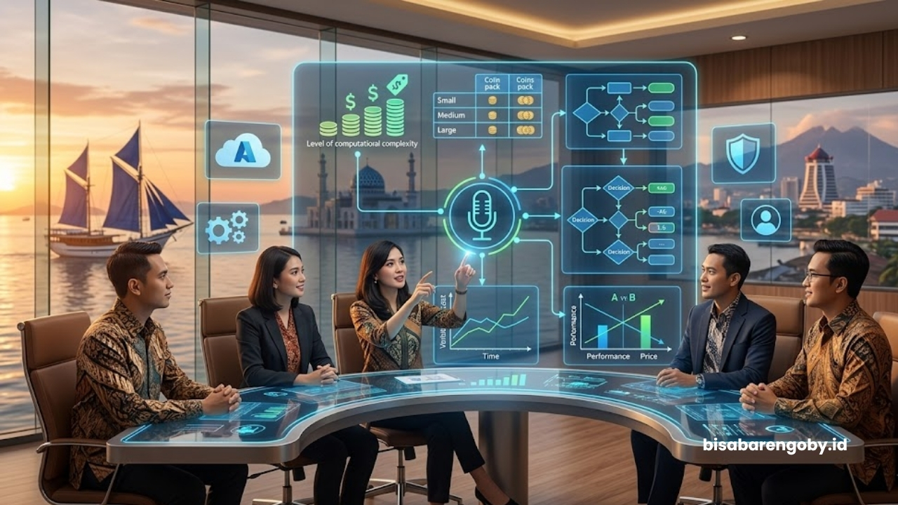 Manajer pengadaan mengevaluasi estimasi harga Voice AI untuk perusahaan di Makassar berbasis Azure AI