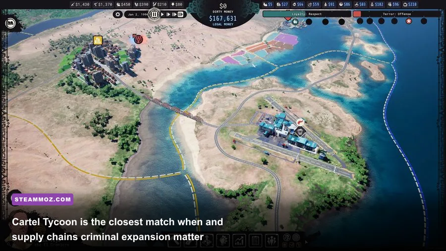 Cartel Tycoon gameplay showing drug production buildings and cartel territory