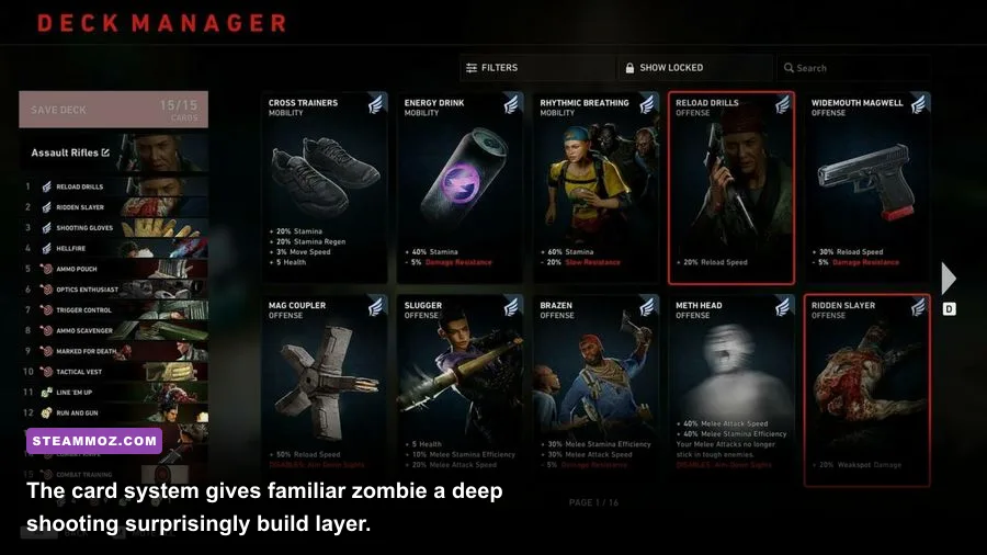 Back 4 Blood card deck screen showing a weapon damage and stamina-focused build