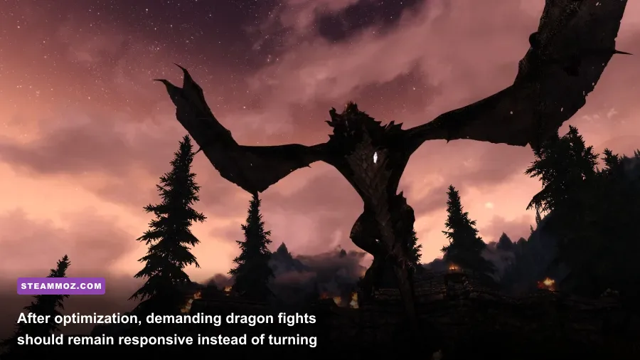 Skyrim Special Edition dragon battle at sunset on PC