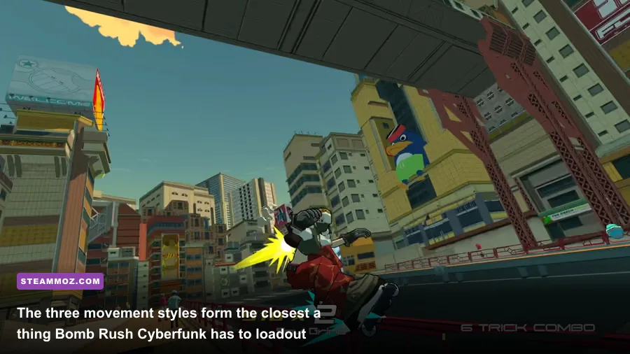 Bomb Rush Cyberfunk gameplay showing BMX skateboard and inline skate movement styles