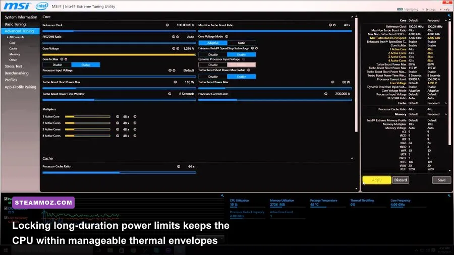 Power limit adjustment interface showing PL1 and PL2 wattage controls for Intel CPU