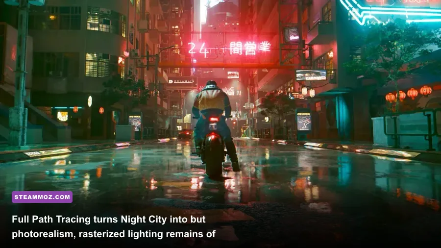 Cyberpunk 2077 Path Tracing Overdrive mode showing photorealistic reflections