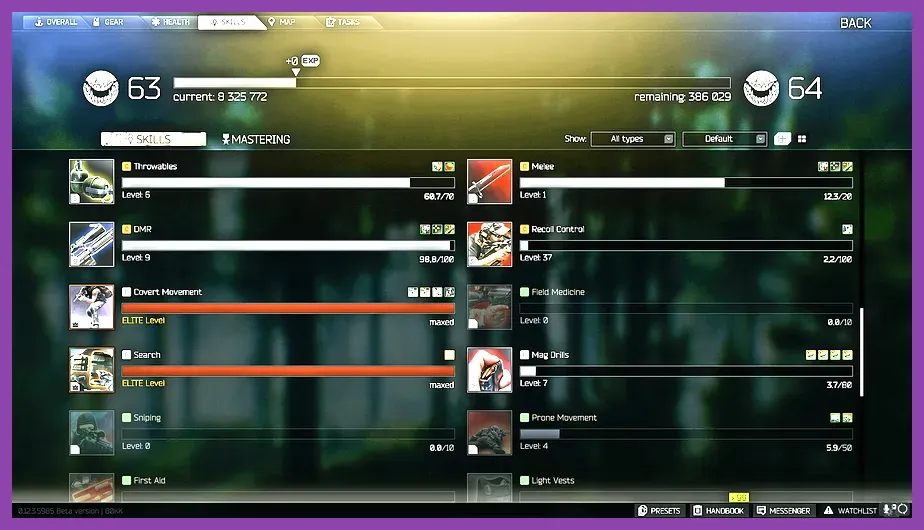 In-game HUD showing red skill fatigue multiplier during a PMC raid