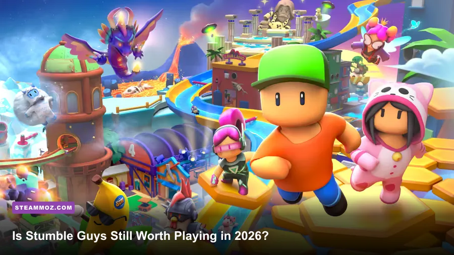 Stumble Guys players racing through a colorful obstacle course