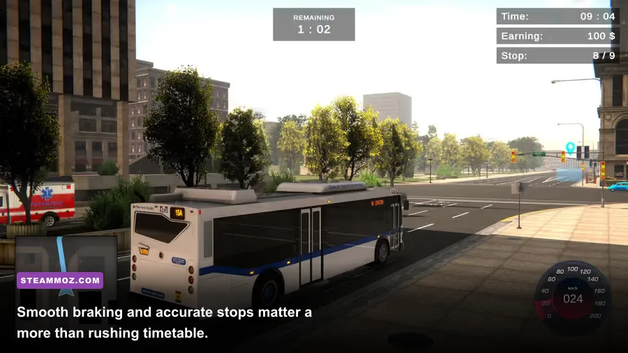Bus Simulator 2016 bus stopping for passengers at a city bus stop