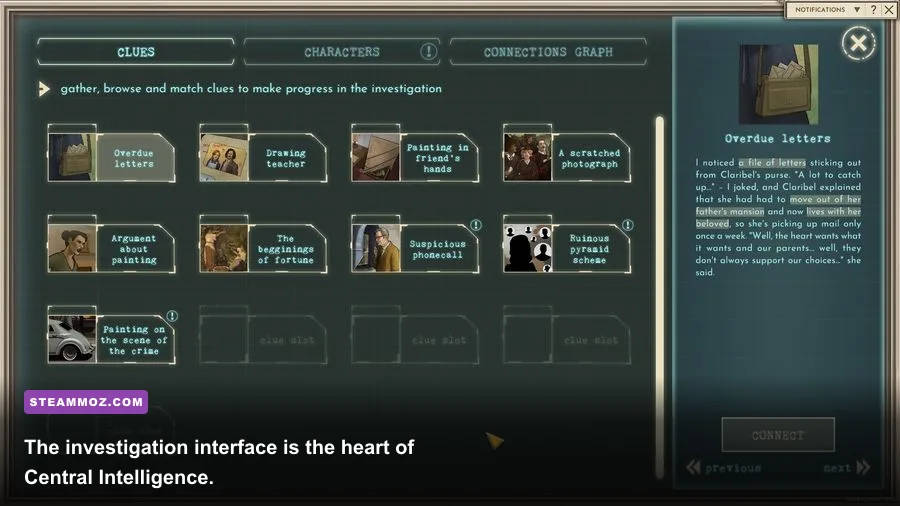 Central Intelligence game evidence board and investigation interface