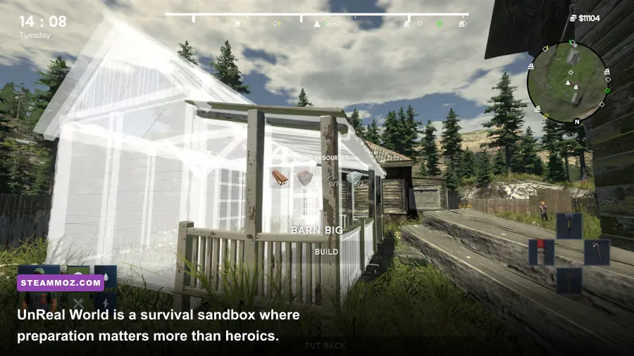 UnReal World survival gameplay showing a character hunting and surviving in a snowy Finnish wilderness