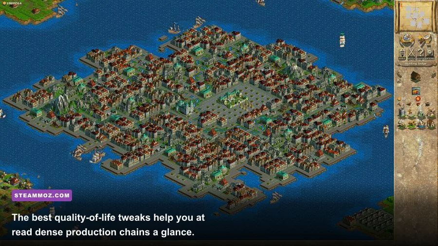 Anno 1602 production island with farms, roads, tool production, and warehouses