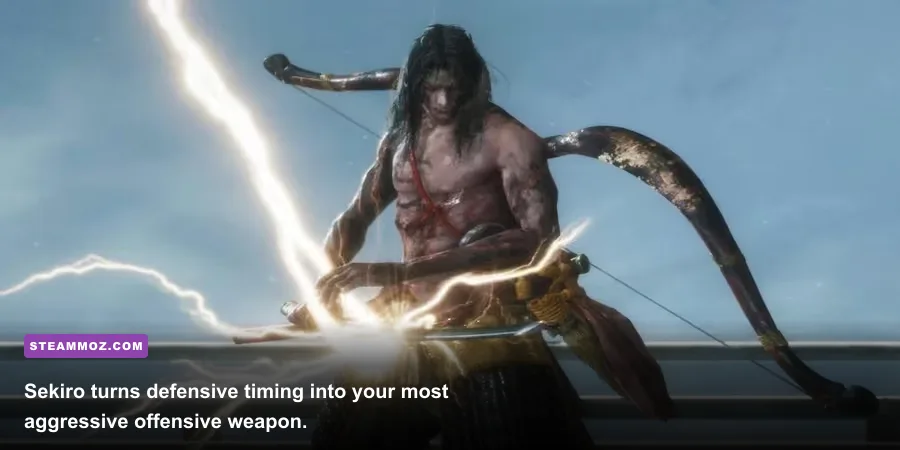 Sekiro deflecting a katana strike from Genichiro Ashina in a shower of sparks