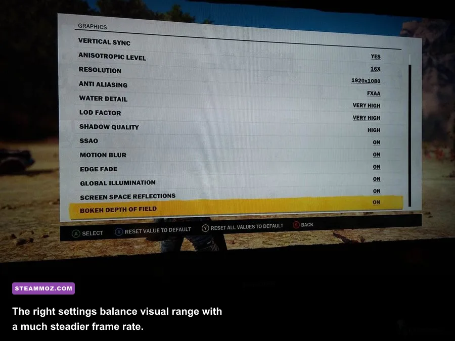 Just Cause 3 PC graphics settings menu showing texture shadows and LOD options