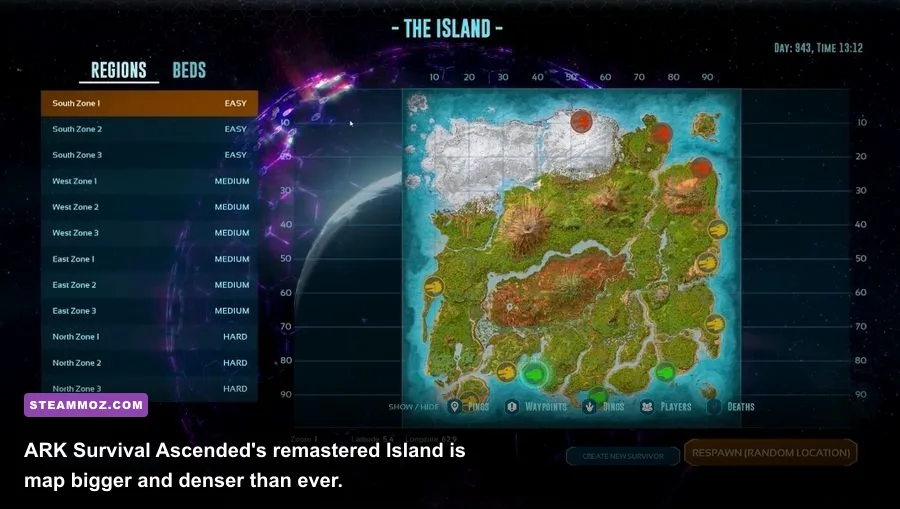 ARK Survival Ascended's Island map with dinosaurs roaming the terrain