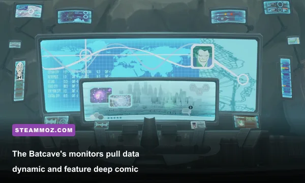 The Batcave stage in MultiVersus showing the Batcomputer monitors and underground platforms