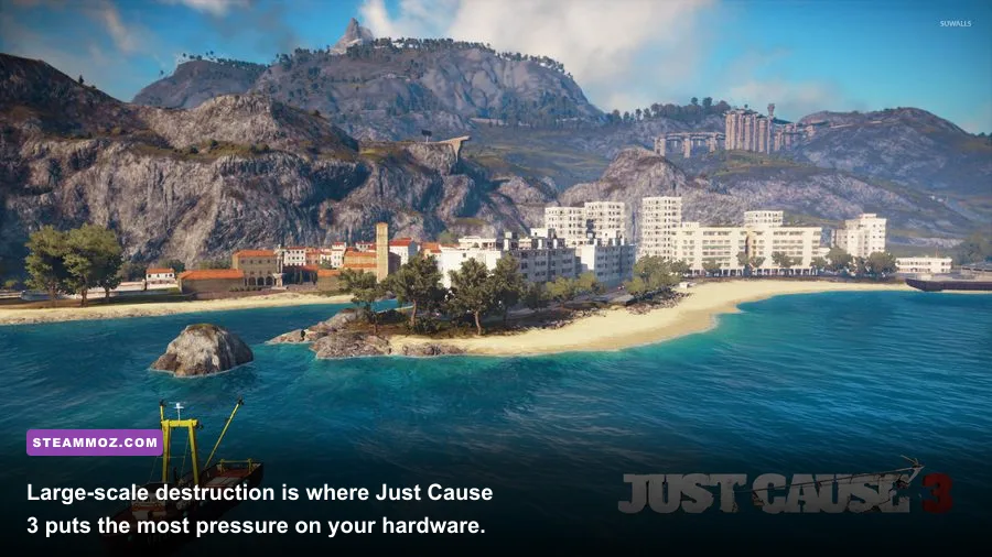Just Cause 3 gameplay showing Rico destroying a military base in Medici