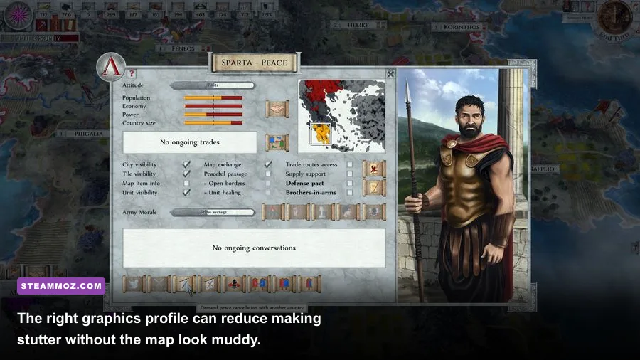Imperiums Greek Wars PC graphics settings menu with shadows and resolution options