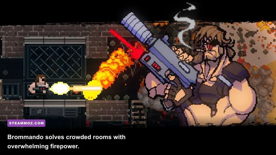 Brommando using a minigun against enemies in BROFORCE