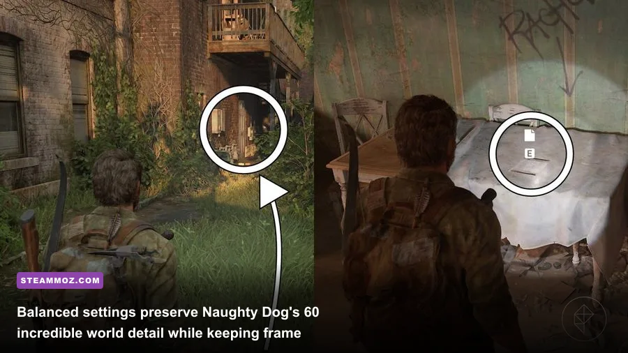 Sunny exploration scene in Bill's Town showing foliage and lighting in The Last of Us Part 1
