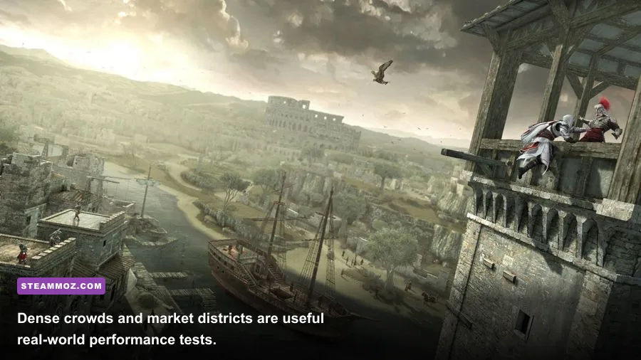 Ezio moving through a crowded Rome market in Assassin's Creed Brotherhood