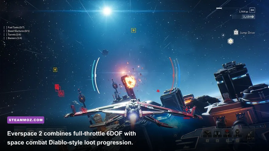 Spaceship combat dogfight in Everspace 2 across a vibrant asteroid field