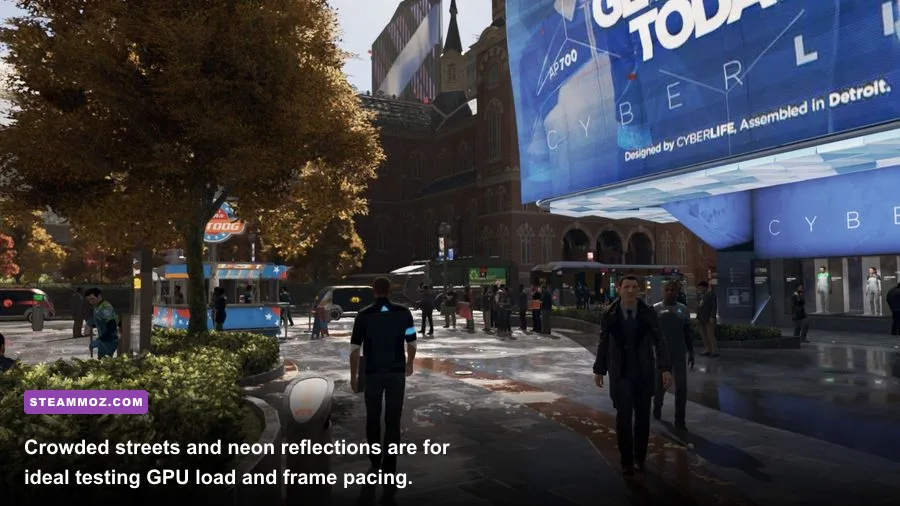 A crowded Detroit street at night in Detroit Become Human with high PC graphics settings