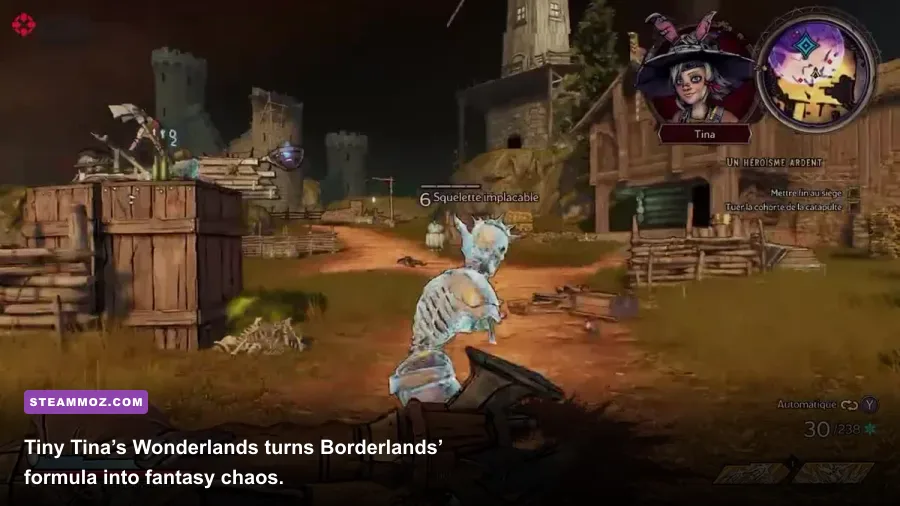 Tiny Tina's Wonderlands players fighting enemies with guns and spells