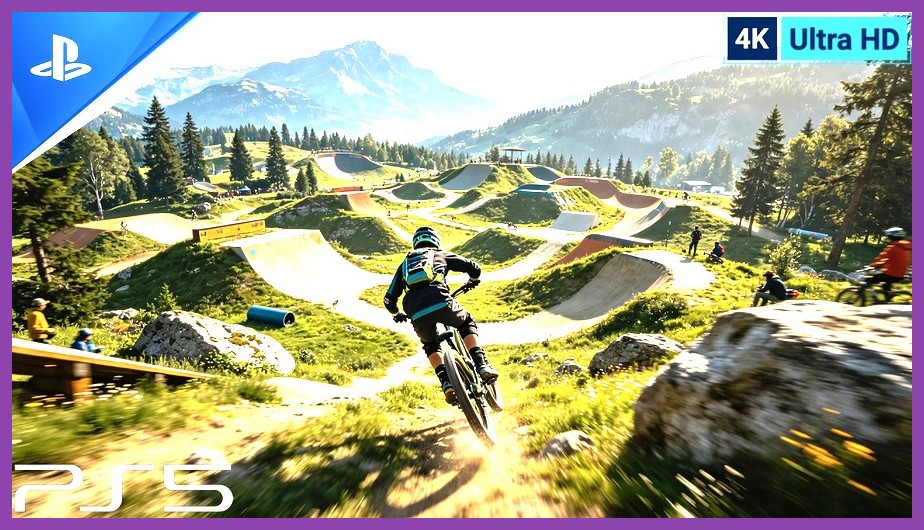 Downhill mountain biking down rocky cliffs in Grand Teton Riders Republic