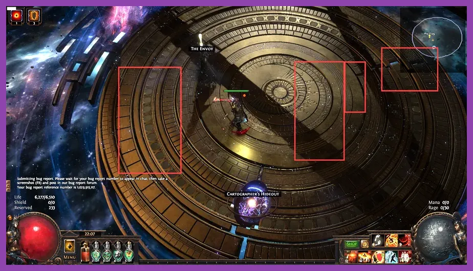 Screenshot of the Maven's Arena in Path of Exile 2 showing the central platform and surrounding rings
