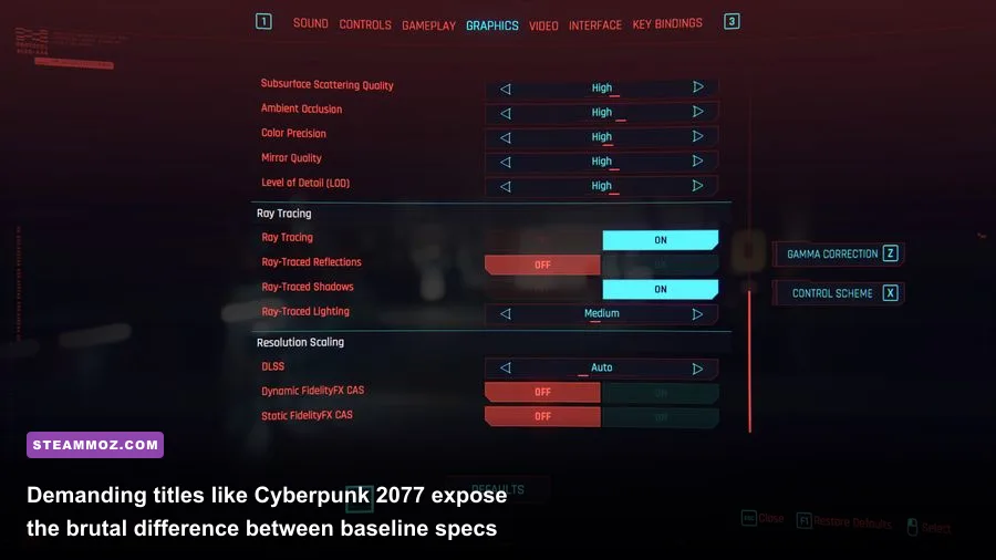Cyberpunk 2077 Night City running with ray tracing and performance metrics HUD visible