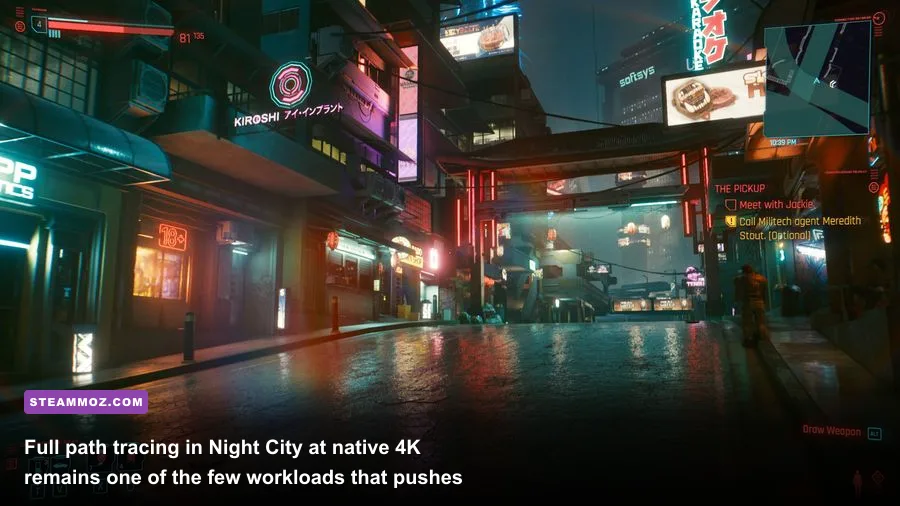 Cyberpunk 2077 Night City street screenshot featuring neon reflections and full path tracing