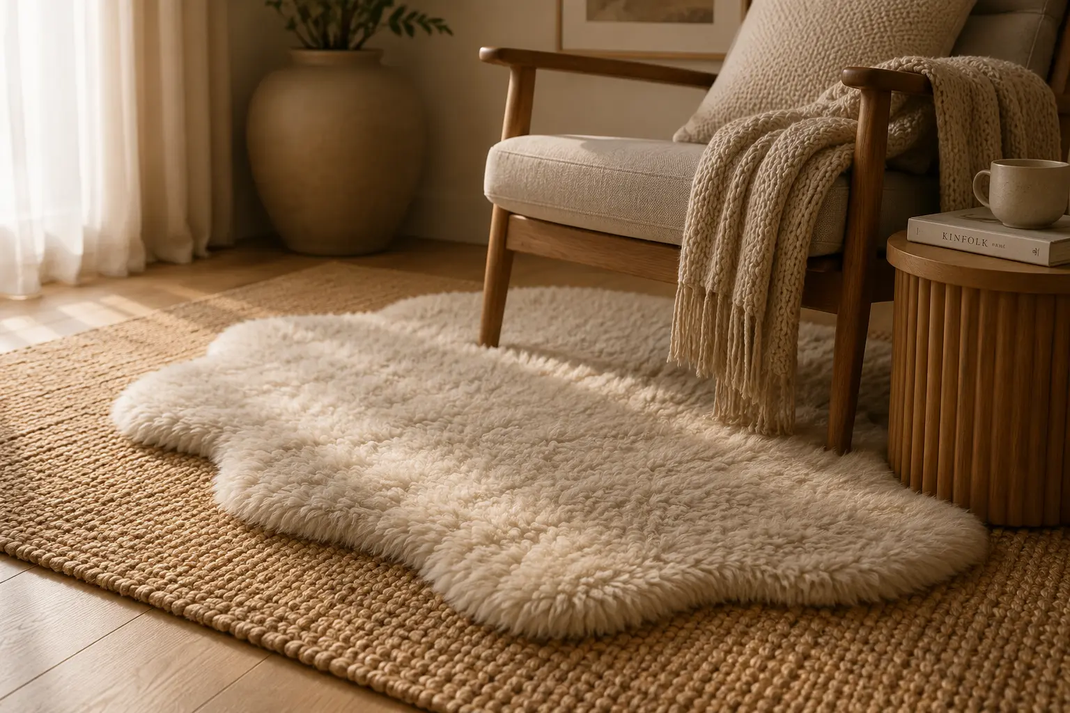 textured jute base rug layered with plush sheepskin accent rug