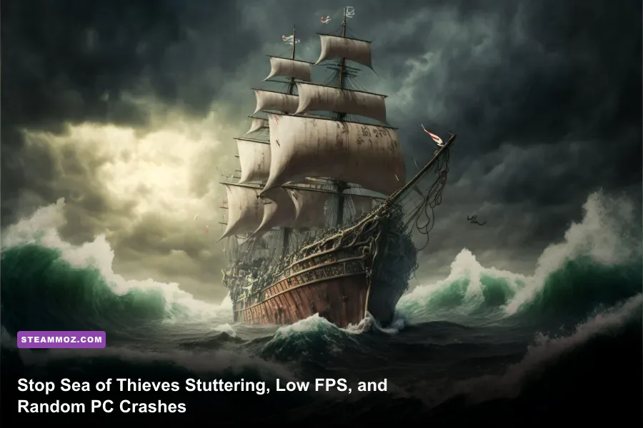 Sea of Thieves sloop cutting through turbulent waves during a storm