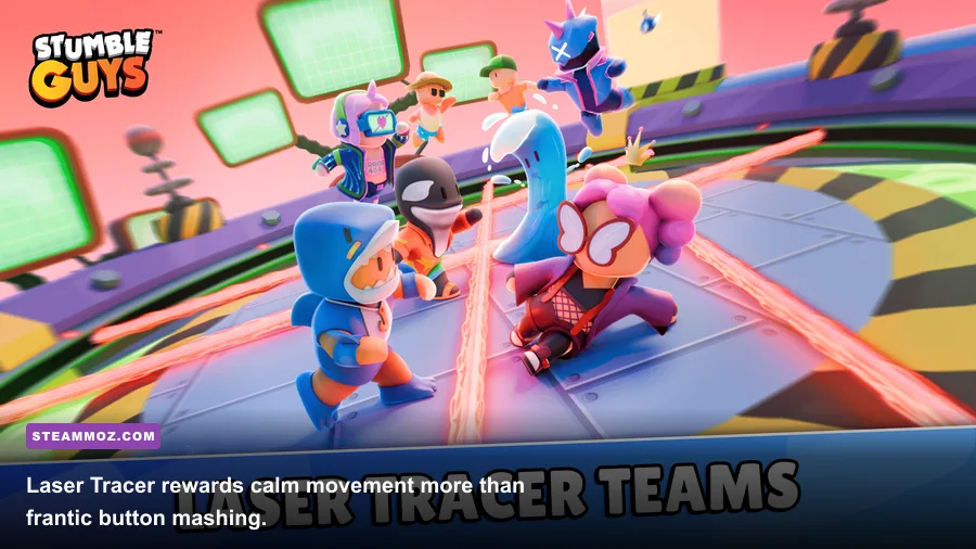 Stumble Guys players jumping over laser beams in Laser Tracer